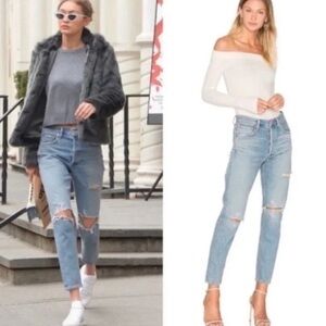 Agolde Jamie High Rise Classic Distressed Ripped Knee Jeans 25